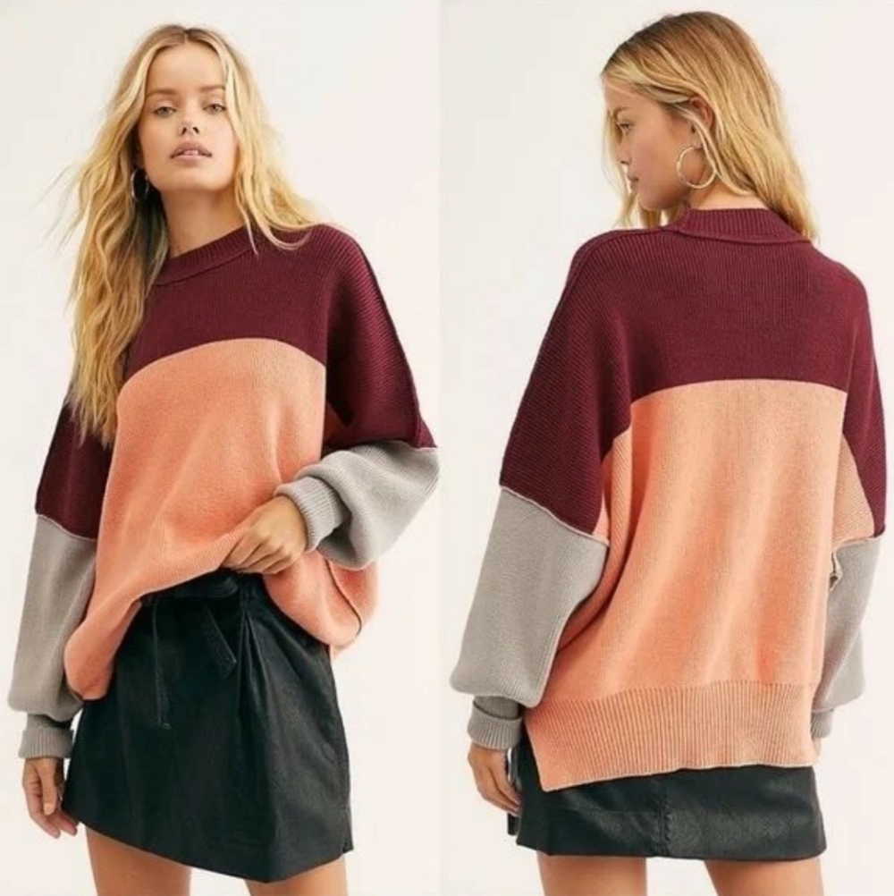 Free People Easy Street Colorblock Sweater Oversized Peach Combo Size XS Y2K